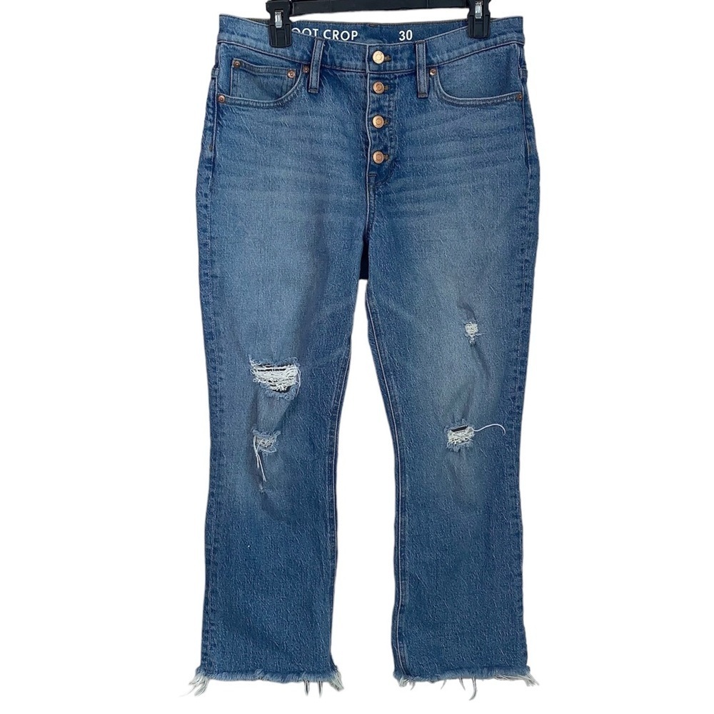 J. Crew Billie Demi Boot Crop Jeans‎ Womens 30 Distressed Medium Blue button fly